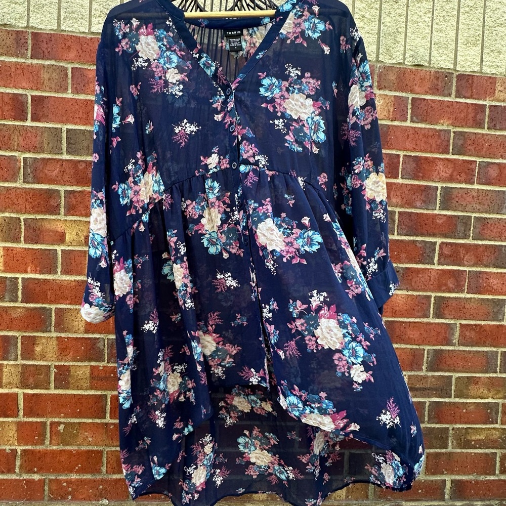 Torrid Coverup Hi-Lo Sheer Navy Pink Floral Dress Flowy Feminine Resort Beach